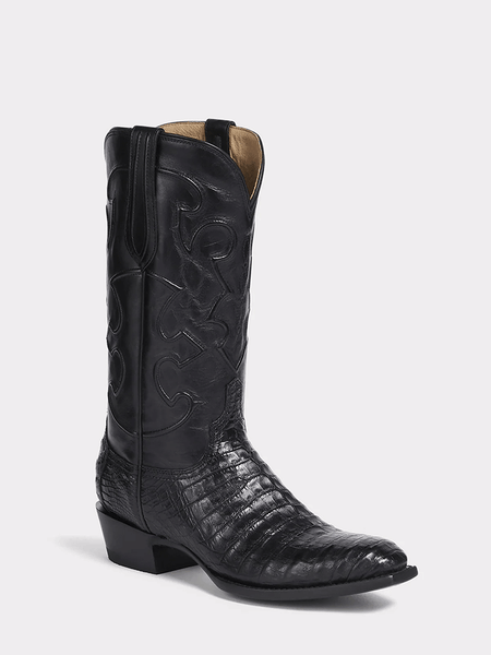 Lucchese M1636.14 Mens CHARLES Square Toe Belly Caiman Boots Black side / front view. If you need any assistance with this item or the purchase of this item please call us at five six one seven four eight eight eight zero one Monday through Saturday 10:00a.m EST to 8:00 p.m EST