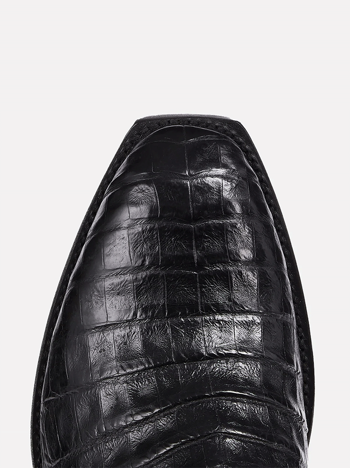 Lucchese M1636.14 Mens CHARLES Square Toe Belly Caiman Boots Black front and side view. If you need any assistance with this item or the purchase of this item please call us at five six one seven four eight eight eight zero one Monday through Saturday 10:00a.m EST to 8:00 p.m EST