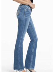 Miss Me M3080B73L Womens Angelica Mid Rise Slim Fit Bootcut Jean Medium Blue side view.If you need any assistance with this item or the purchase of this item please call us at five six one seven four eight eight eight zero one Monday through Saturday 10:00a.m EST to 8:00 p.m EST
