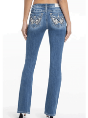 Miss Me M3080B73L Womens Angelica Mid Rise Slim Fit Bootcut Jean Medium Blue back view. If you need any assistance with this item or the purchase of this item please call us at five six one seven four eight eight eight zero one Monday through Saturday 10:00a.m EST to 8:00 p.m EST