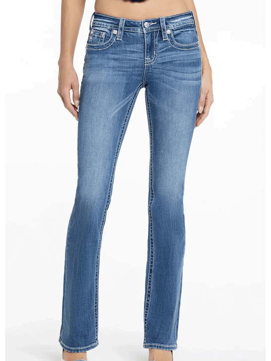 Miss Me M3080B73L Womens Angelica Mid Rise Slim Fit Bootcut Jean Medium Blue front view. If you need any assistance with this item or the purchase of this item please call us at five six one seven four eight eight eight zero one Monday through Saturday 10:00a.m EST to 8:00 p.m EST