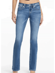 Miss Me M3080B73L Womens Angelica Mid Rise Slim Fit Bootcut Jean Medium Blue front view. If you need any assistance with this item or the purchase of this item please call us at five six one seven four eight eight eight zero one Monday through Saturday 10:00a.m EST to 8:00 p.m EST