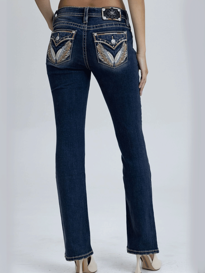 Miss Me M3080B89L Womens Mid Rise Slim Fit Bootcut Jean Medium Blue back close up. If you need any assistance with this item or the purchase of this item please call us at five six one seven four eight eight eight zero one Monday through Saturday 10:00a.m EST to 8:00 p.m EST