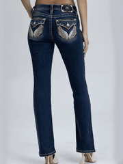 Miss Me M3080B89L Womens Mid Rise Slim Fit Bootcut Jean Medium Blue back view. If you need any assistance with this item or the purchase of this item please call us at five six one seven four eight eight eight zero one Monday through Saturday 10:00a.m EST to 8:00 p.m EST