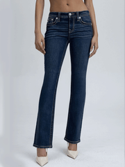 Miss Me M3080B89L Womens Mid Rise Slim Fit Bootcut Jean Medium Blue front view. If you need any assistance with this item or the purchase of this item please call us at five six one seven four eight eight eight zero one Monday through Saturday 10:00a.m EST to 8:00 p.m EST