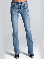 Miss Me M3080B95 Womens Mid Rise Francesca Bootcut Jeans Light Wash front view. If you need any assistance with this item or the purchase of this item please call us at five six one seven four eight eight eight zero one Monday through Saturday 10:00a.m EST to 8:00 p.m EST