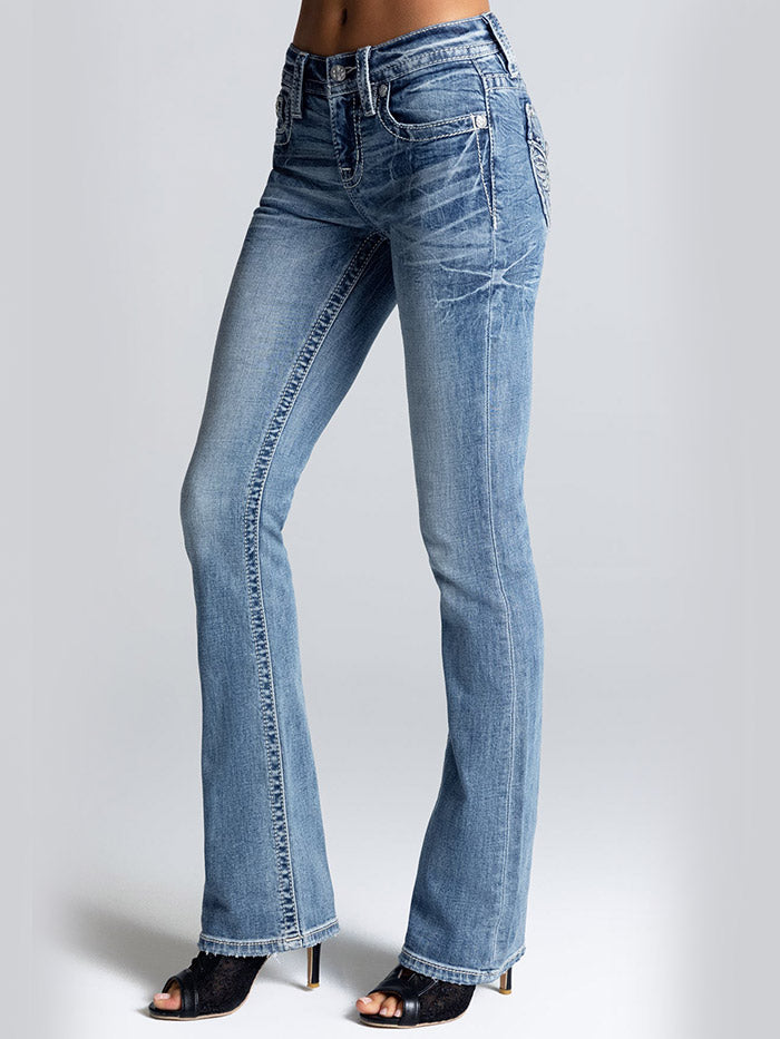 Miss Me M3080B95 Womens Mid Rise Francesca Bootcut Jeans Light Wash close up. 