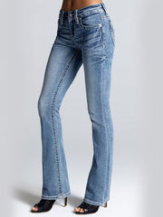 Miss Me M3080B95 Womens Mid Rise Francesca Bootcut Jeans Light Wash side view. If you need any assistance with this item or the purchase of this item please call us at five six one seven four eight eight eight zero one Monday through Saturday 10:00a.m EST to 8:00 p.m EST