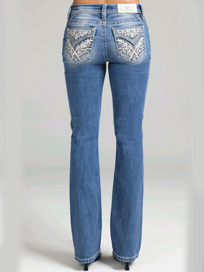 Miss Me M3444B157V Womens Mid Rise Slim Fit Bootcut Jean Medium Blue back close up. If you need any assistance with this item or the purchase of this item please call us at five six one seven four eight eight eight zero one Monday through Saturday 10:00a.m EST to 8:00 p.m EST