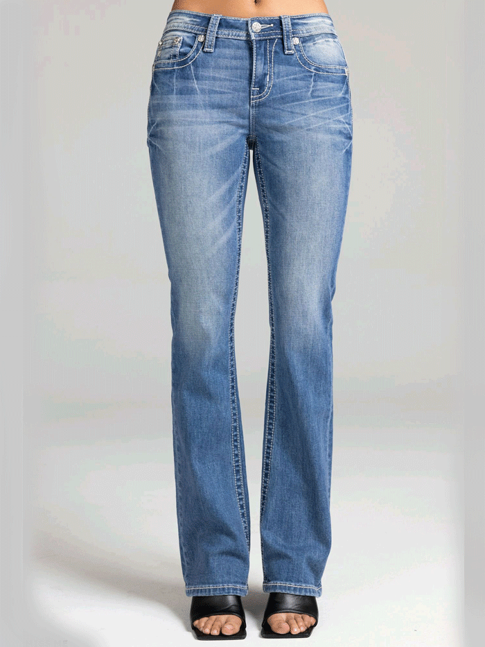 Miss Me M3444B157V Womens Mid Rise Slim Fit Bootcut Jean Medium Blue back close up. If you need any assistance with this item or the purchase of this item please call us at five six one seven four eight eight eight zero one Monday through Saturday 10:00a.m EST to 8:00 p.m EST
