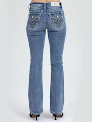 Miss Me M3444B171 Womens Mid Rise Boot Jean Medium Blue back view. If you need any assistance with this item or the purchase of this item please call us at five six one seven four eight eight eight zero one Monday through Saturday 10:00a.m EST to 8:00 p.m EST