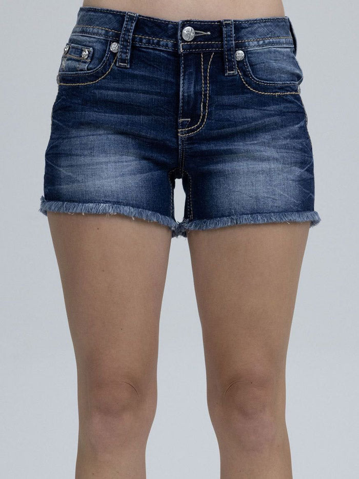 Miss Me M3444H167 Womens Mid Rise Denim Shorts Dark Blue back view. If you need any assistance with this item or the purchase of this item please call us at five six one seven four eight eight eight zero one Monday through Saturday 10:00a.m EST to 8:00 p.m EST
