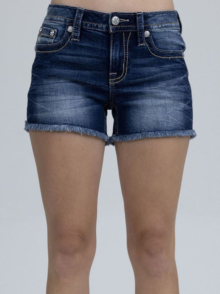 Miss Me M3444H167 Womens Mid Rise Denim Shorts Dark Blue front view. If you need any assistance with this item or the purchase of this item please call us at five six one seven four eight eight eight zero one Monday through Saturday 10:00a.m EST to 8:00 p.m EST
