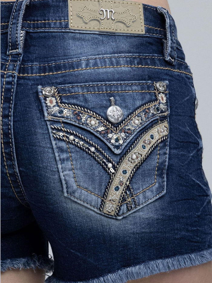 Miss Me M3444H167 Womens Mid Rise Denim Shorts Dark Blue back view. If you need any assistance with this item or the purchase of this item please call us at five six one seven four eight eight eight zero one Monday through Saturday 10:00a.m EST to 8:00 p.m EST
