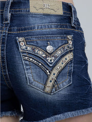 Miss Me M3444H167 Womens Mid Rise Denim Shorts Dark Blue back close up. If you need any assistance with this item or the purchase of this item please call us at five six one seven four eight eight eight zero one Monday through Saturday 10:00a.m EST to 8:00 p.m EST