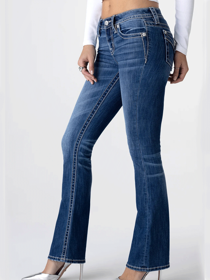 Miss Me M3636B96V Womens Hailey Jane Bootcut Jeans Medium Blue front view. If you need any assistance with this item or the purchase of this item please call us at five six one seven four eight eight eight zero one Monday through Saturday 10:00a.m EST to 8:00 p.m EST
