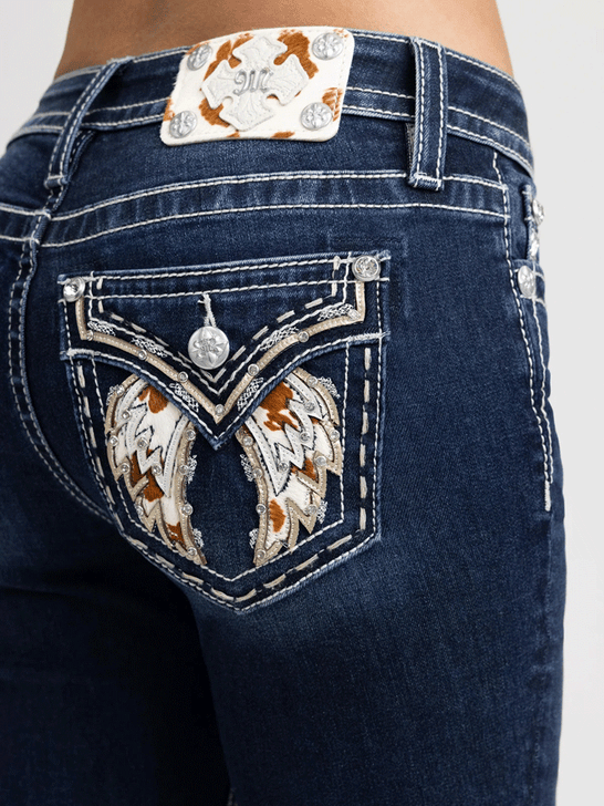 Miss Me M5082B214L Womens Marleigh Wings Bootcut Jeans Navy back close up view. If you need any assistance with this item or the purchase of this item please call us at five six one seven four eight eight eight zero one Monday through Saturday 10:00a.m EST to 8:00 p.m EST