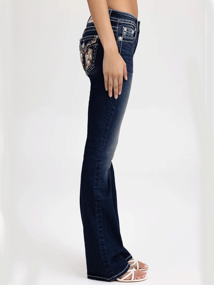Miss Me M5082B214L Womens Marleigh Wings Bootcut Jeans Navy back close up view. If you need any assistance with this item or the purchase of this item please call us at five six one seven four eight eight eight zero one Monday through Saturday 10:00a.m EST to 8:00 p.m EST