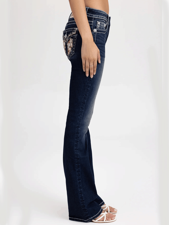 Miss Me M5082B214L Womens Marleigh Wings Bootcut Jeans Navy side view. If you need any assistance with this item or the purchase of this item please call us at five six one seven four eight eight eight zero one Monday through Saturday 10:00a.m EST to 8:00 p.m EST