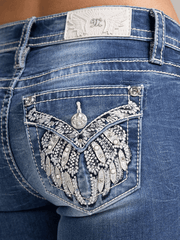 Miss Me M5082B229V Womens Mid Rise Bootcut Jeans Medium Blue back close up. If you need any assistance with this item or the purchase of this item please call us at five six one seven four eight eight eight zero one Monday through Saturday 10:00a.m EST to 8:00 p.m EST