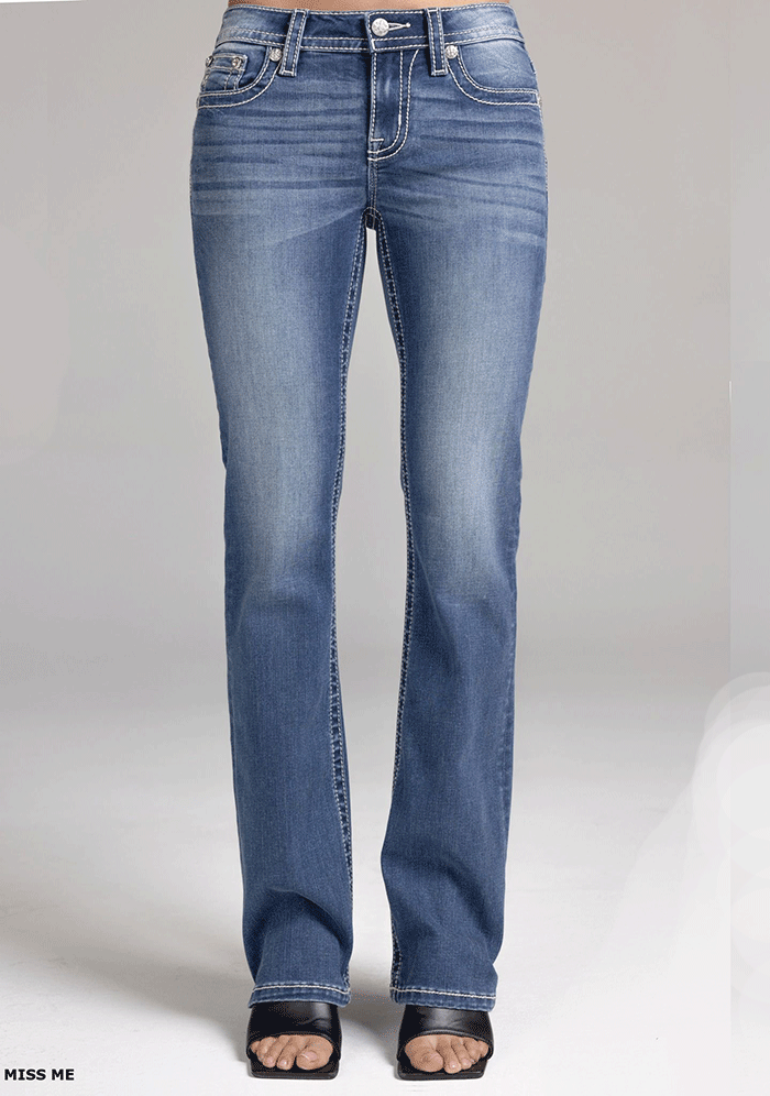 Miss Me M5082B229V Womens Mid Rise Bootcut Jeans Medium Blue back close up. If you need any assistance with this item or the purchase of this item please call us at five six one seven four eight eight eight zero one Monday through Saturday 10:00a.m EST to 8:00 p.m EST