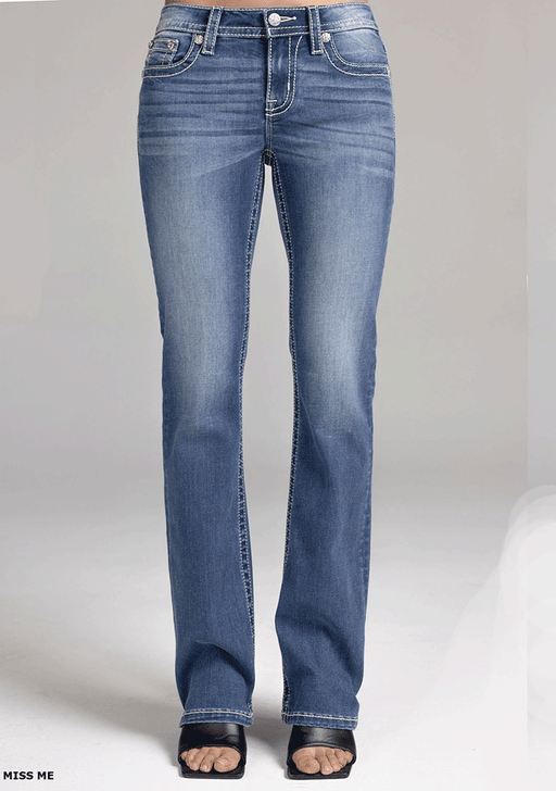 Miss Me M5082B229V Womens Mid Rise Bootcut Jeans Medium Blue front view. If you need any assistance with this item or the purchase of this item please call us at five six one seven four eight eight eight zero one Monday through Saturday 10:00a.m EST to 8:00 p.m EST