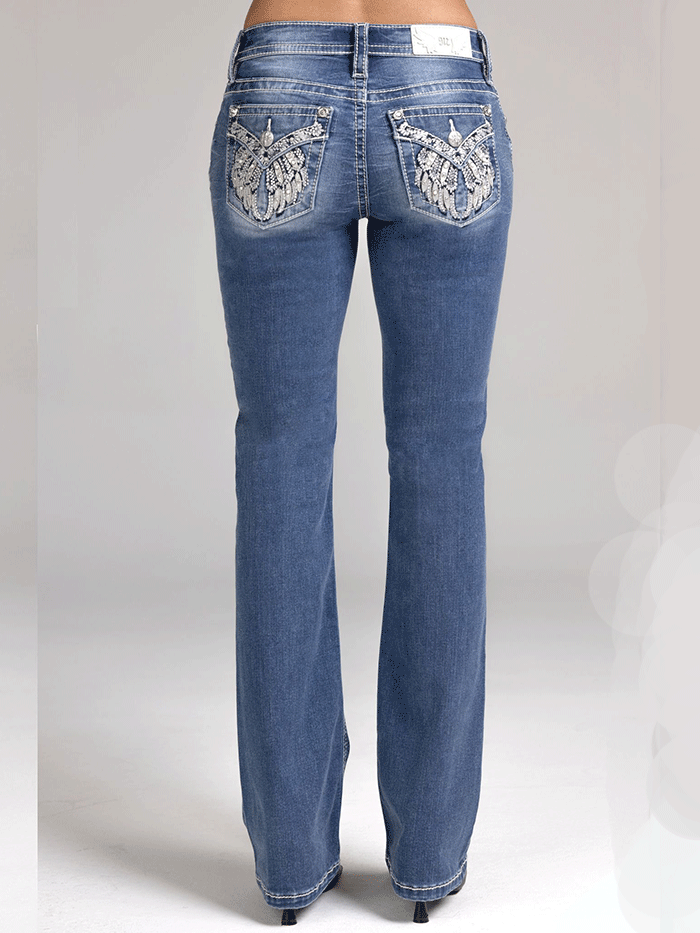 Miss Me M5082B229V Womens Mid Rise Bootcut Jeans Medium Blue back close up. If you need any assistance with this item or the purchase of this item please call us at five six one seven four eight eight eight zero one Monday through Saturday 10:00a.m EST to 8:00 p.m EST