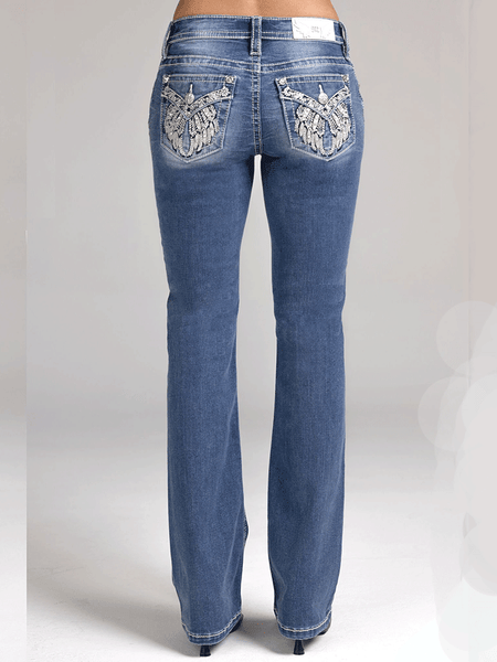 Miss Me M5082B229V Womens Mid Rise Bootcut Jeans Medium Blue back view. If you need any assistance with this item or the purchase of this item please call us at five six one seven four eight eight eight zero one Monday through Saturday 10:00a.m EST to 8:00 p.m EST