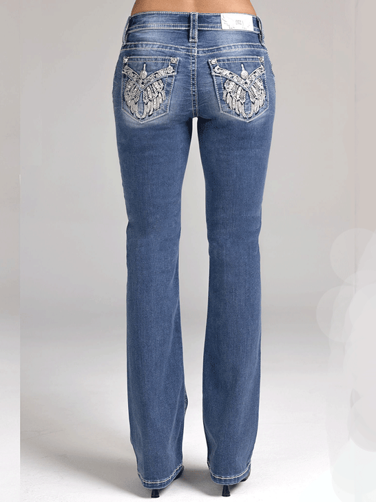 Miss Me M5082B229V Womens Mid Rise Bootcut Jeans Medium Blue back view. If you need any assistance with this item or the purchase of this item please call us at five six one seven four eight eight eight zero one Monday through Saturday 10:00a.m EST to 8:00 p.m EST