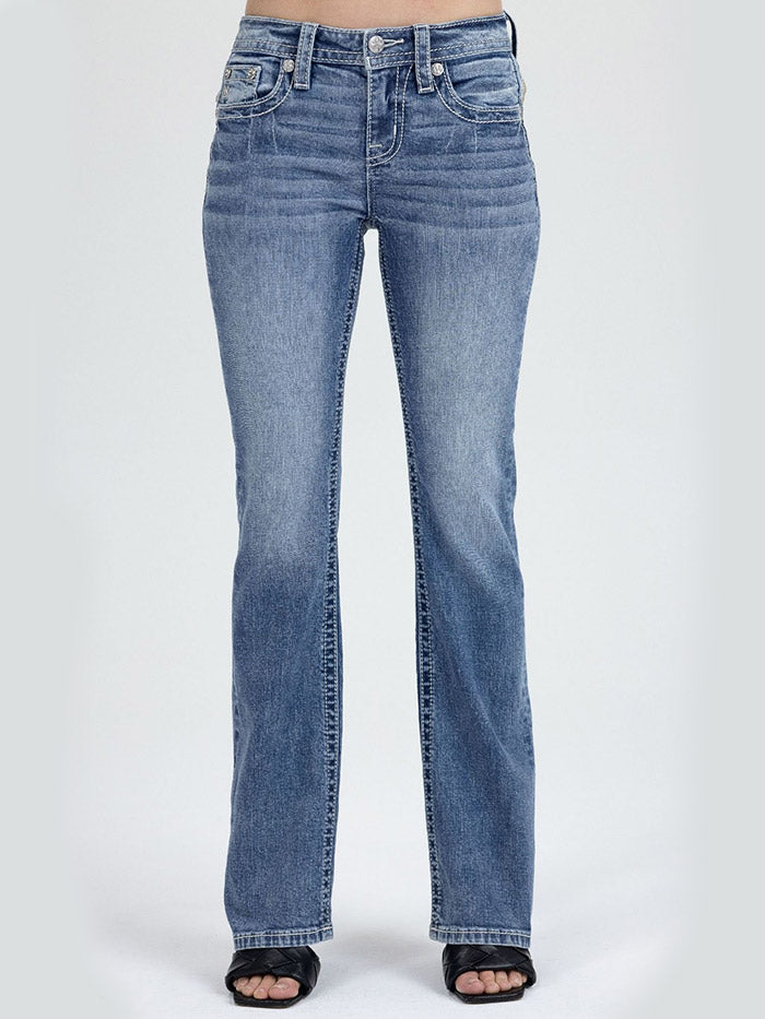 Miss Me M5082B245 Womens Mid Rise Bootcut Jeans Medium Blue back close up. If you need any assistance with this item or the purchase of this item please call us at five six one seven four eight eight eight zero one Monday through Saturday 10:00a.m EST to 8:00 p.m EST