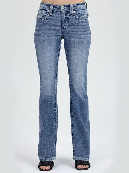 Miss Me M5082B245 Womens Mid Rise Bootcut Jeans Medium Blue front view. If you need any assistance with this item or the purchase of this item please call us at five six one seven four eight eight eight zero one Monday through Saturday 10:00a.m EST to 8:00 p.m EST