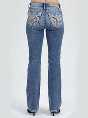 Miss Me M5082B245 Womens Mid Rise Bootcut Jeans Medium Blue back view. If you need any assistance with this item or the purchase of this item please call us at five six one seven four eight eight eight zero one Monday through Saturday 10:00a.m EST to 8:00 p.m EST