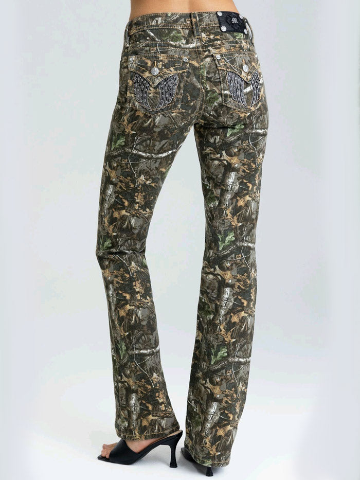 Miss Me M5082B248V Womens Mid Rise Boot Jean Green Camo back close up view. If you need any assistance with this item or the purchase of this item please call us at five six one seven four eight eight eight zero one Monday through Saturday 10:00a.m EST to 8:00 p.m EST