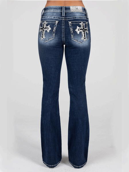 Miss Me M9229B Womens Velvet Cross Mid Rise Boot Jean Dark Blue back view. If you need any assistance with this item or the purchase of this item please call us at five six one seven four eight eight eight zero one Monday through Saturday 10:00a.m EST to 8:00 p.m EST