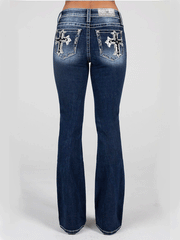 Miss Me M9229B Womens Velvet Cross Mid Rise Boot Jean Dark Blue back view. If you need any assistance with this item or the purchase of this item please call us at five six one seven four eight eight eight zero one Monday through Saturday 10:00a.m EST to 8:00 p.m EST