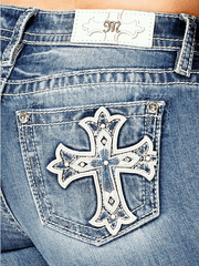 Miss Me M9481BV Womens Mid Rise Slim Fit Bootcut Jean Medium Blue back close up. If you need any assistance with this item or the purchase of this item please call us at five six one seven four eight eight eight zero one Monday through Saturday 10:00a.m EST to 8:00 p.m EST