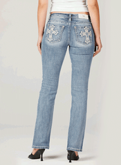 Miss Me M9481BV Womens Mid Rise Slim Fit Bootcut Jean Medium Blue back view. If you need any assistance with this item or the purchase of this item please call us at five six one seven four eight eight eight zero one Monday through Saturday 10:00a.m EST to 8:00 p.m EST