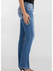 Miss Me M9498BL Womens Solene Fleur Mid Rise Bootcut Jean Medium Blue side view. If you need any assistance with this item or the purchase of this item please call us at five six one seven four eight eight eight zero one Monday through Saturday 10:00a.m EST to 8:00 p.m EST