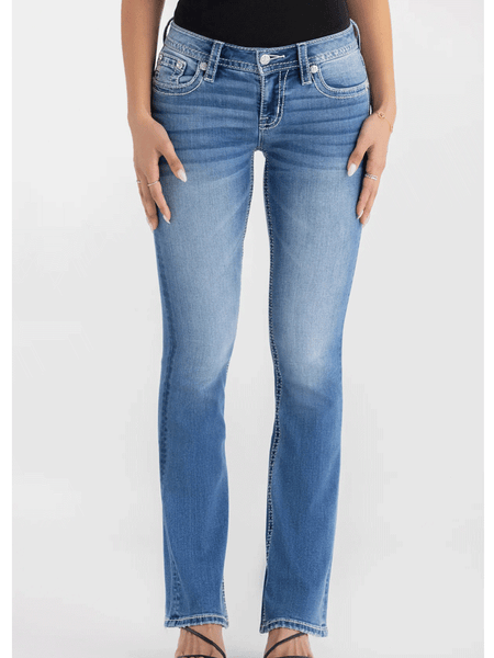 Miss Me M9498BL Womens Solene Fleur Mid Rise Bootcut Jean Medium Blue front view. If you need any assistance with this item or the purchase of this item please call us at five six one seven four eight eight eight zero one Monday through Saturday 10:00a.m EST to 8:00 p.m EST