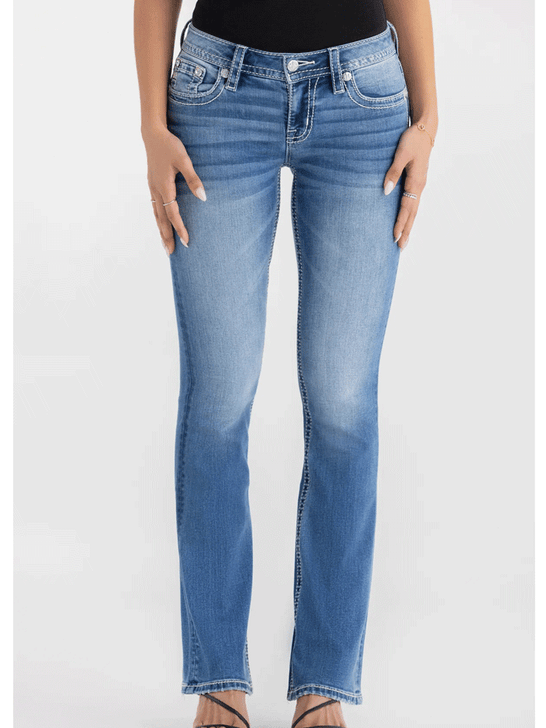 Miss Me M9498BL Womens Solene Fleur Mid Rise Bootcut Jean Medium Blue front view. If you need any assistance with this item or the purchase of this item please call us at five six one seven four eight eight eight zero one Monday through Saturday 10:00a.m EST to 8:00 p.m EST
