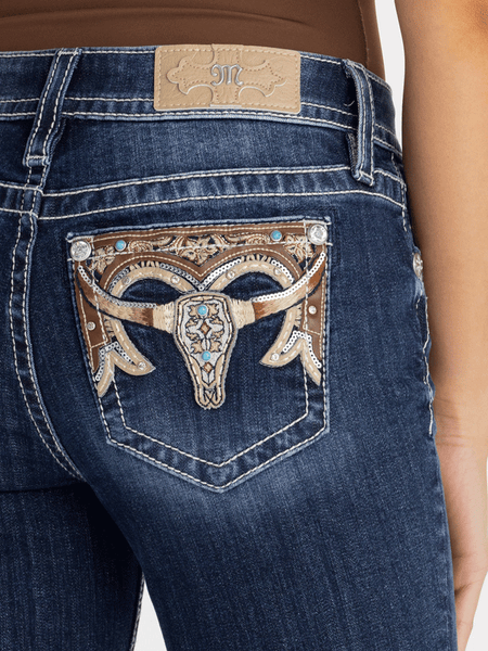 Miss Me M9539BL Womens Clover Longhorn Bootcut Jeans Navy back close up
