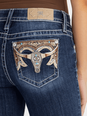 Miss Me M9539BL Womens Clover Longhorn Bootcut Jeans Navy back close up
