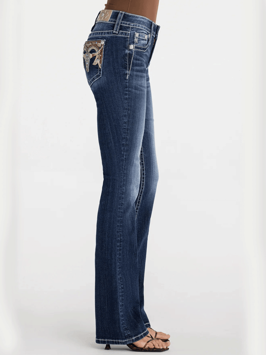Miss Me M9539BL Womens Clover Longhorn Bootcut Jeans Navy side view. If you need any assistance with this item or the purchase of this item please call us at five six one seven four eight eight eight zero one Monday through Saturday 10:00a.m EST to 8:00 p.m EST