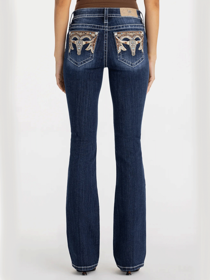 Miss Me M9539BL Womens Clover Longhorn Bootcut Jeans Navy back close up
