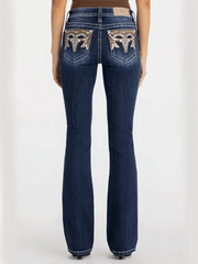 Miss Me M9539BL Womens Clover Longhorn Bootcut Jeans Navy full back view. If you need any assistance with this item or the purchase of this item please call us at five six one seven four eight eight eight zero one Monday through Saturday 10:00a.m EST to 8:00 p.m EST