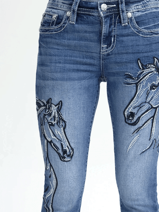 Miss Me M9564BV Womens Jesse Bootcut Jeans Medium Blue front close up. If you need any assistance with this item or the purchase of this item please call us at five six one seven four eight eight eight zero one Monday through Saturday 10:00a.m EST to 8:00 p.m EST