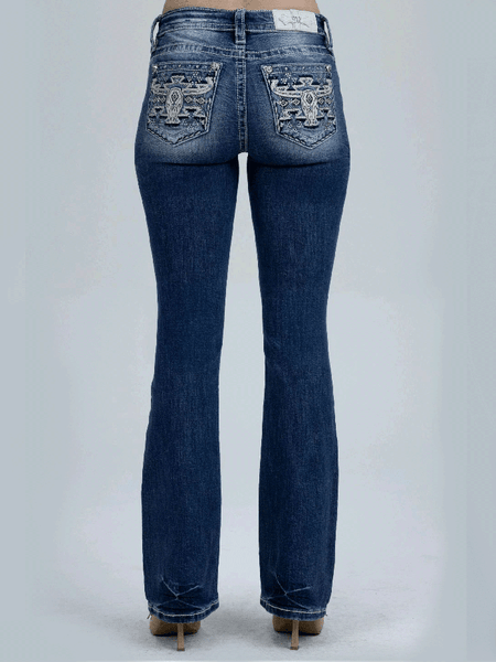 Miss Me M9600BV Womens Mid Rise Slim Fit Bootcut Jean Medium Blue back view. If you need any assistance with this item or the purchase of this item please call us at five six one seven four eight eight eight zero one Monday through Saturday 10:00a.m EST to 8:00 p.m EST 