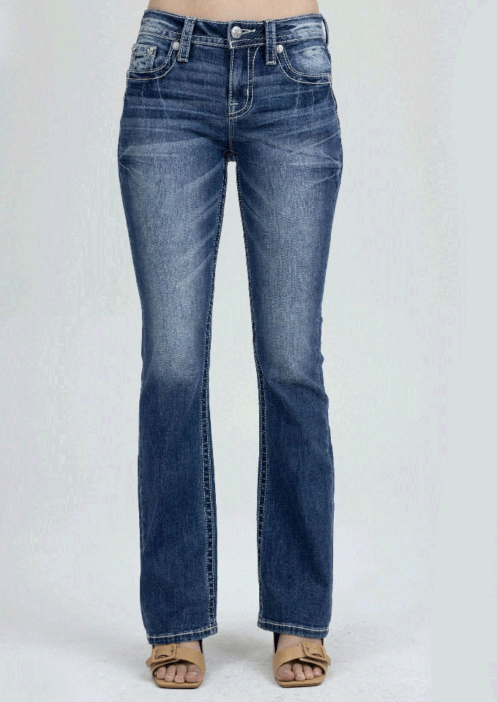 Miss Me M9600BV Womens Mid Rise Slim Fit Bootcut Jean Medium Blue back close up. If you need any assistance with this item or the purchase of this item please call us at five six one seven four eight eight eight zero one Monday through Saturday 10:00a.m EST to 8:00 p.m EST