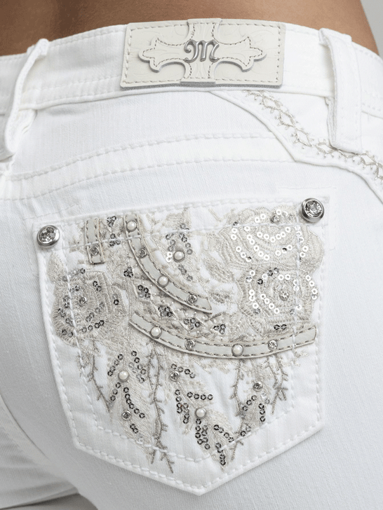 Miss Me M9605B Womens Mid Rise Boot Jeans White back close up view. If you need any assistance with this item or the purchase of this item please call us at five six one seven four eight eight eight zero one Monday through Saturday 10:00a.m EST to 8:00 p.m EST
