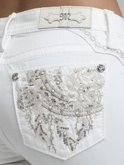 Miss Me M9605B Womens Mid Rise Boot Jeans White back close up view. If you need any assistance with this item or the purchase of this item please call us at five six one seven four eight eight eight zero one Monday through Saturday 10:00a.m EST to 8:00 p.m EST
